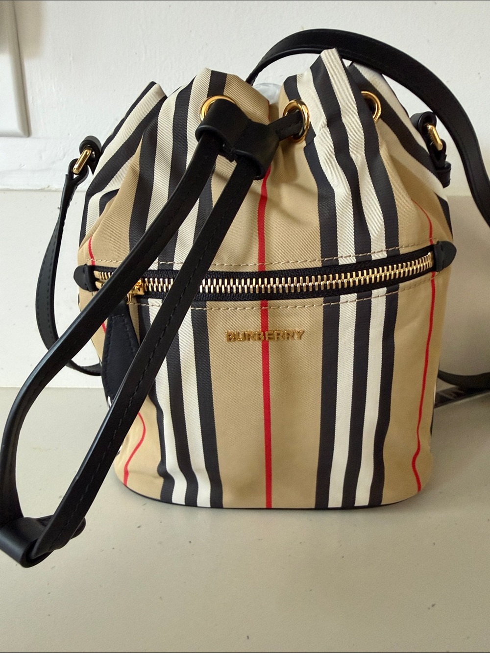 Burberry Black, Beige & Red Striped Drawstring Crossbody Bag